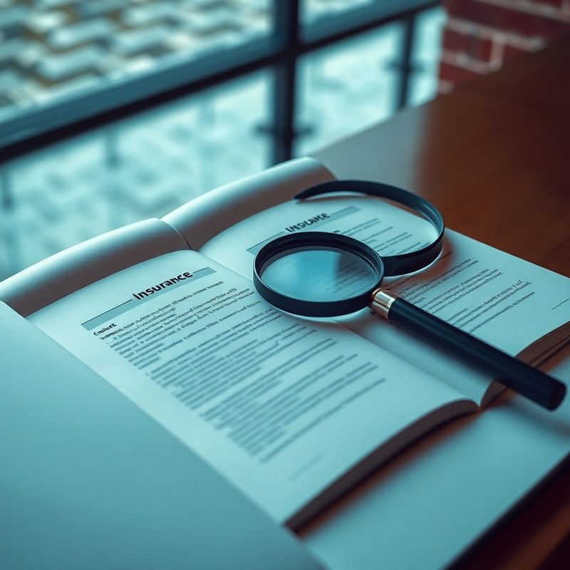 Open verzekeringsdossier met gemarkeerde clausules en een loep, in koele indigo tinten
