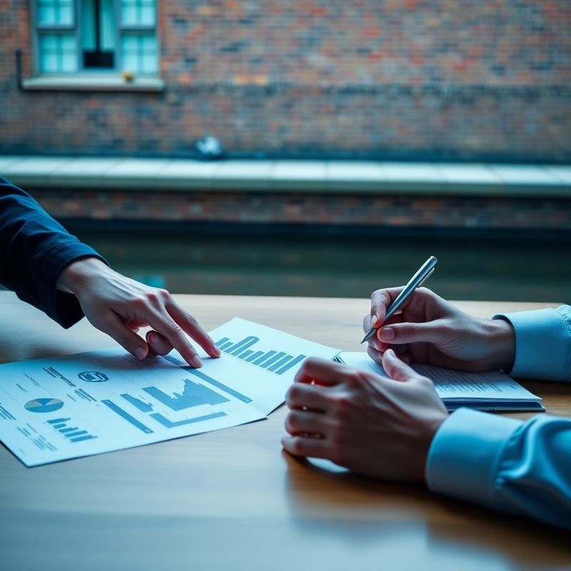 Twee handen boven een tafel — een wijst naar een gedrukt rapport, de ander maakt aantekeningen
