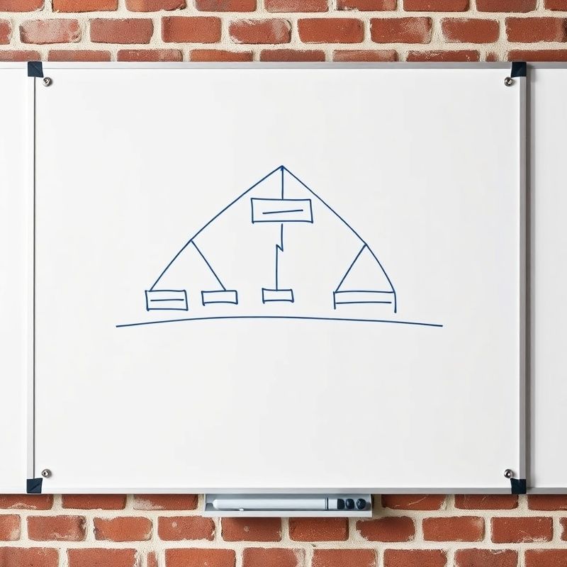 Whiteboard met een holdingstructuurdiagram in diepe indigo marker, van bovenaf gefotografeerd